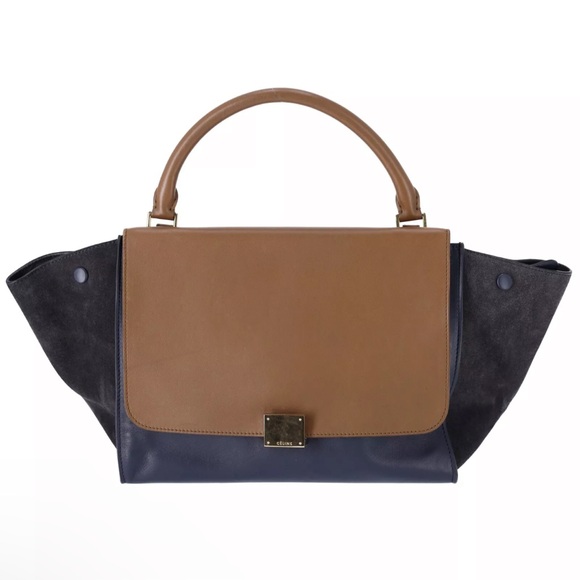 Celine Trapeze Medium Convertible Satchel Crossbody Suede Leather Blue Tan - Picture 1 of 12